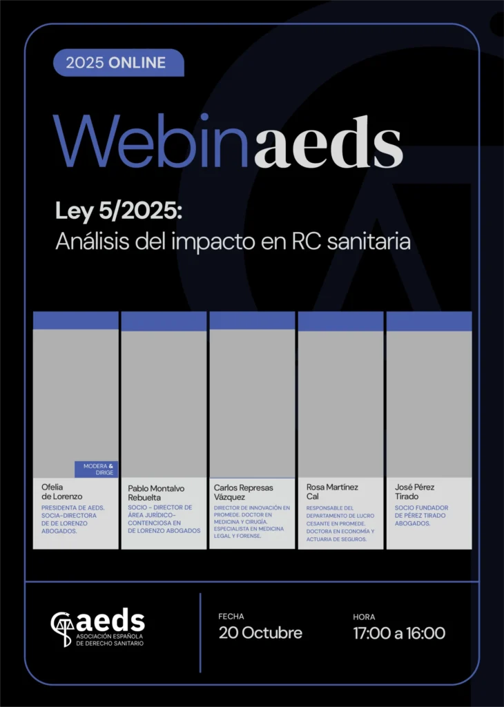Cartel del WebinAEDS «Ley 5/2025: análisis del impacto en RC sanitaria»
